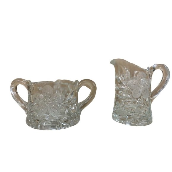 Heavy Glass Creamer & Sugar Flower Pattern EAPG Clear Pressed Glass Antique
